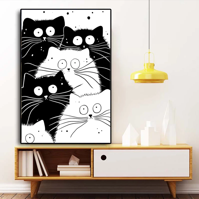 Nordijska Črno Bel Kawaii Mačka Živali Platno Slikarstvo Plakatov in Fotografij Wall Art Modular Slike za Dnevni Sobi Doma Dekor