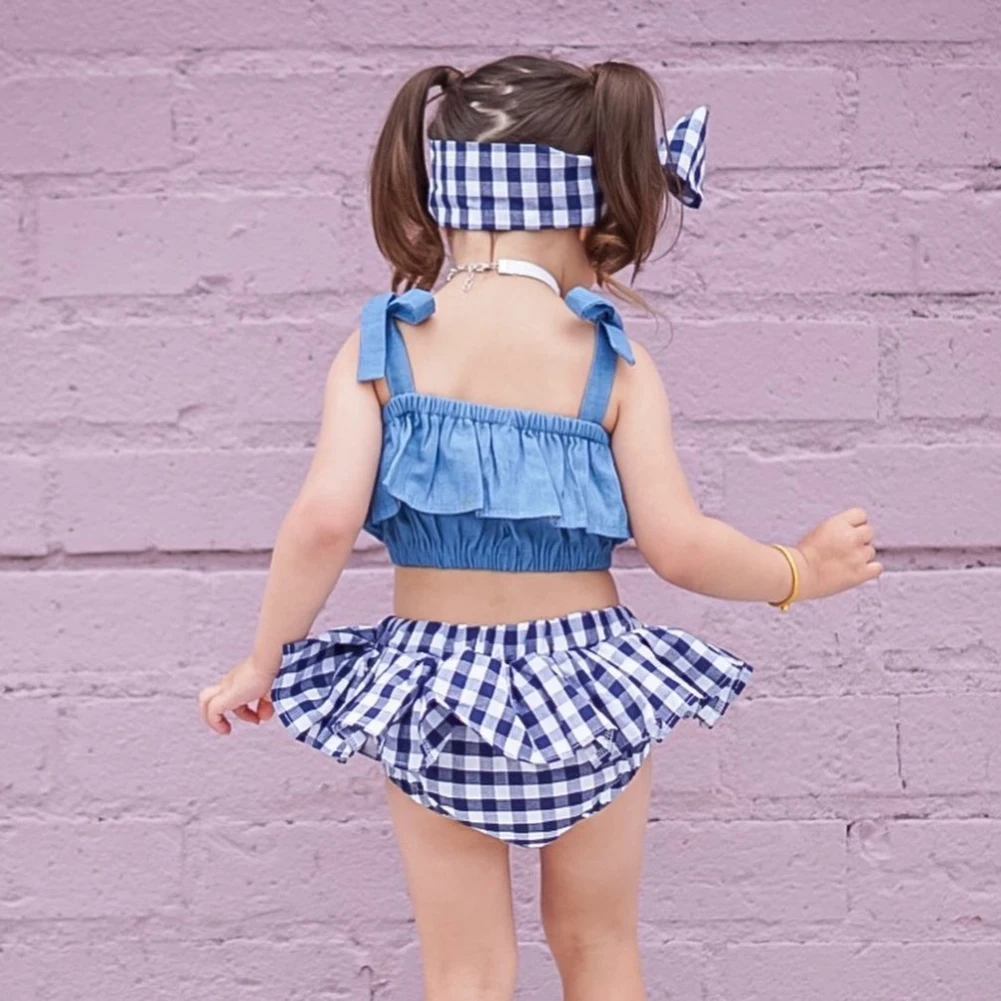 Nova Moda Novorojenčka Oblačila Določa Baby Dekle Zanko Ruffle Obreži Zgoraj Dekleta Kariran Mini Krilo Glavo 3Pcs Obleke Oblačila