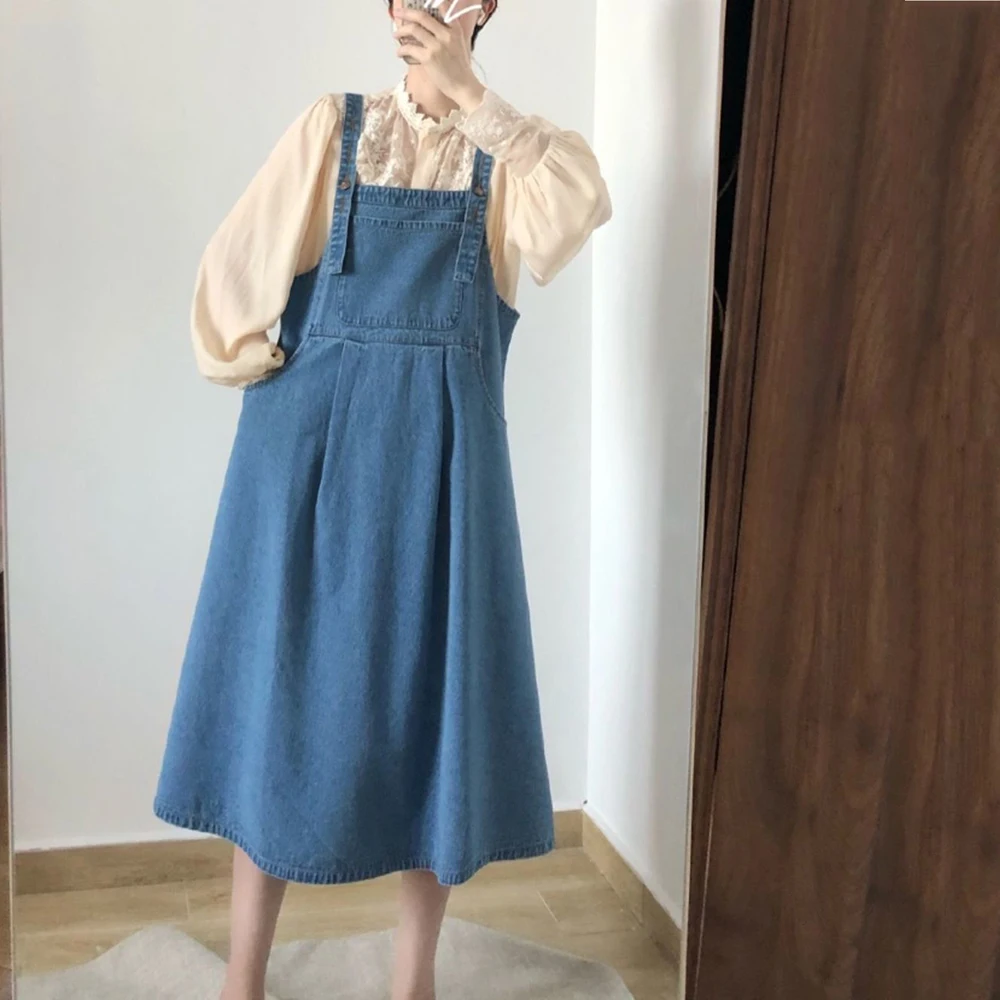 Obleka Ženske Modrega Jeansa Prosti čas korejskem Slogu Temperament Moda Stilsko Sladko Ženska Obleke Trdna Svoboden Žepi Vse-tekmo Dnevno