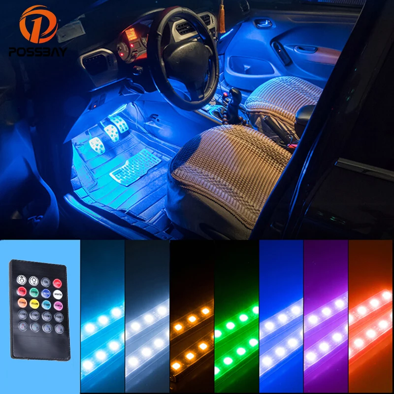 POSSBAY RGB Pisane Neon Luči Avto LED Trakovi Luči Brezžični Daljinski upravljalnik za Glasbo Notranje Vzdušje Lučka Auto Dekoracijo
