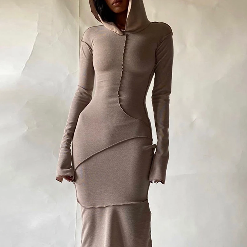 SHUJIN 2021 Ženske obleke Long Sleeve Hooded Mozaik Suh Maxi Obleko Jeseni, Pozimi Ženske Modni Ulične Priložnostne Obleke