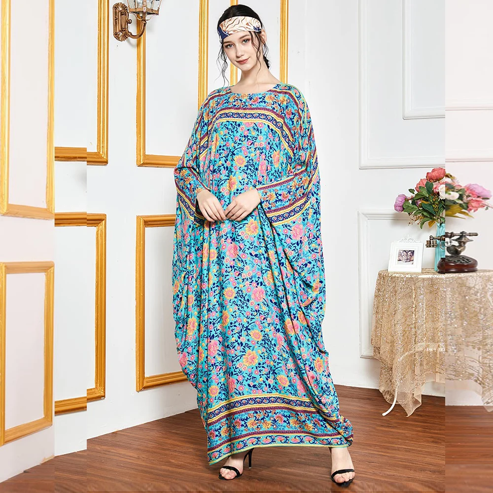 Siskakia Batwing Rokav Abaya Obleko Udobno Viskoze Cvetlični Jutranje Halje za Ženske Poletje Muslimanskih arabski Oblačila 2020 Nova