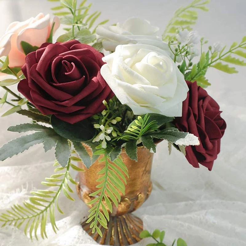 Umetno Cvetje 25Pcs Resnično Videti Burgundija Ponaredek Vrtnice z Stebla za DIY Poročne Šopke Rdečih Poročni Tuš