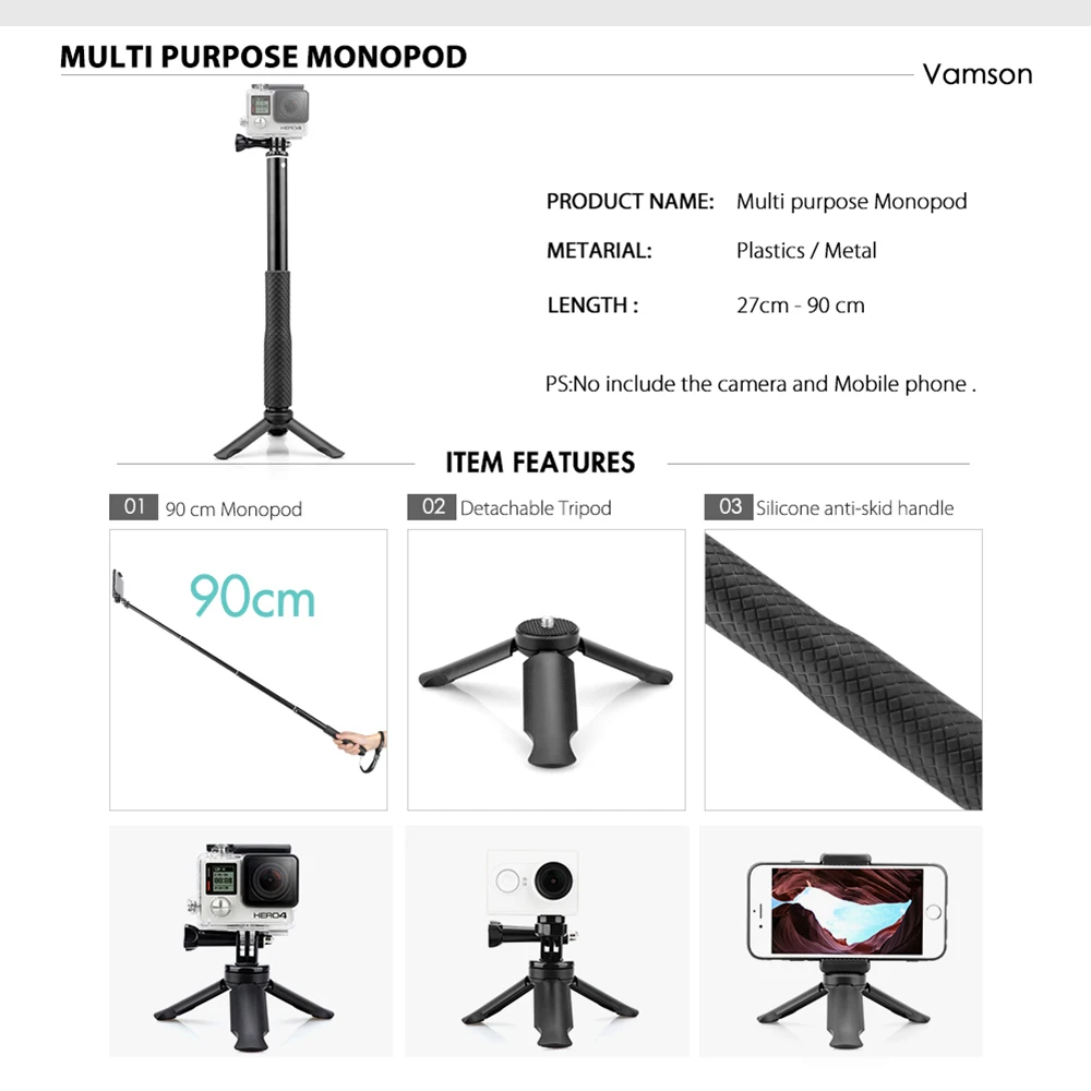Vamson za Gopro Dodatki Nastavek za Monopod Mount Kamera Oprijem Telefon Posnetek Podaljšanje Roka Stojalo za Gopro Hero 7 6 5 4 VP422A