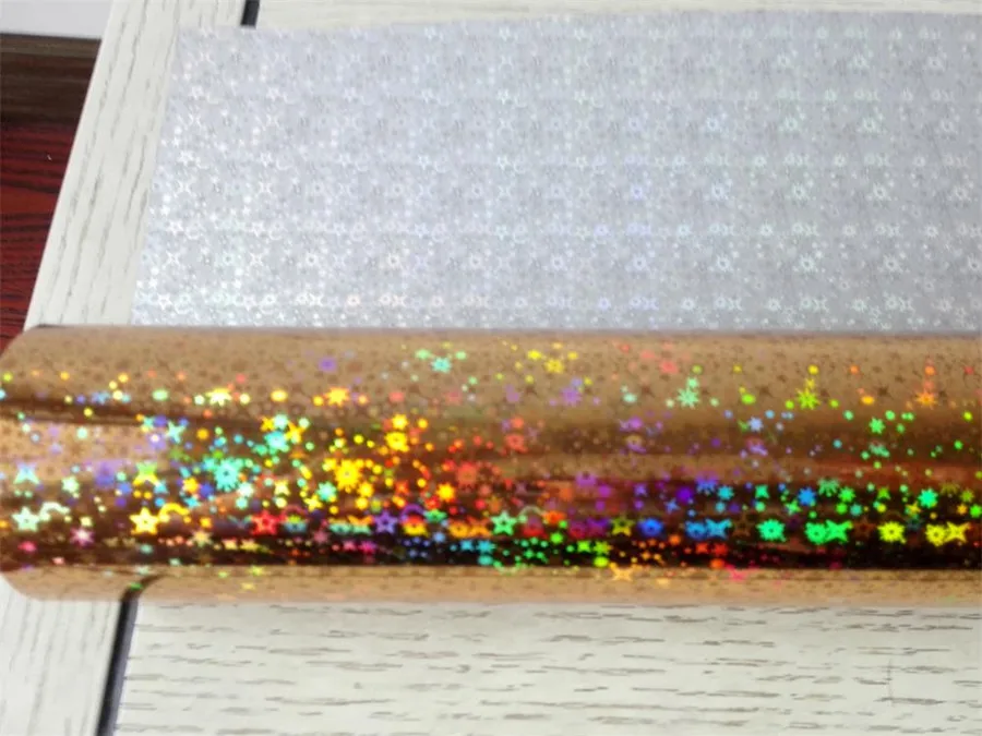 Vroče kovanje, folije holografski folijo zlatih zvezd glittery vzorec vroče pritisnite na papir ali plastično 21 cm x120m ali 64cm x 120 m