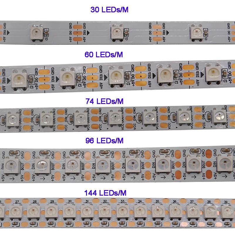WS2812B 1m/5m 30/60/144 slikovnih pik/led/m, Smart led, pixel trakovi,WS2812 IC;WS2812B/M,IP30/IP65/IP67,Črno/Beli PCB,5 V