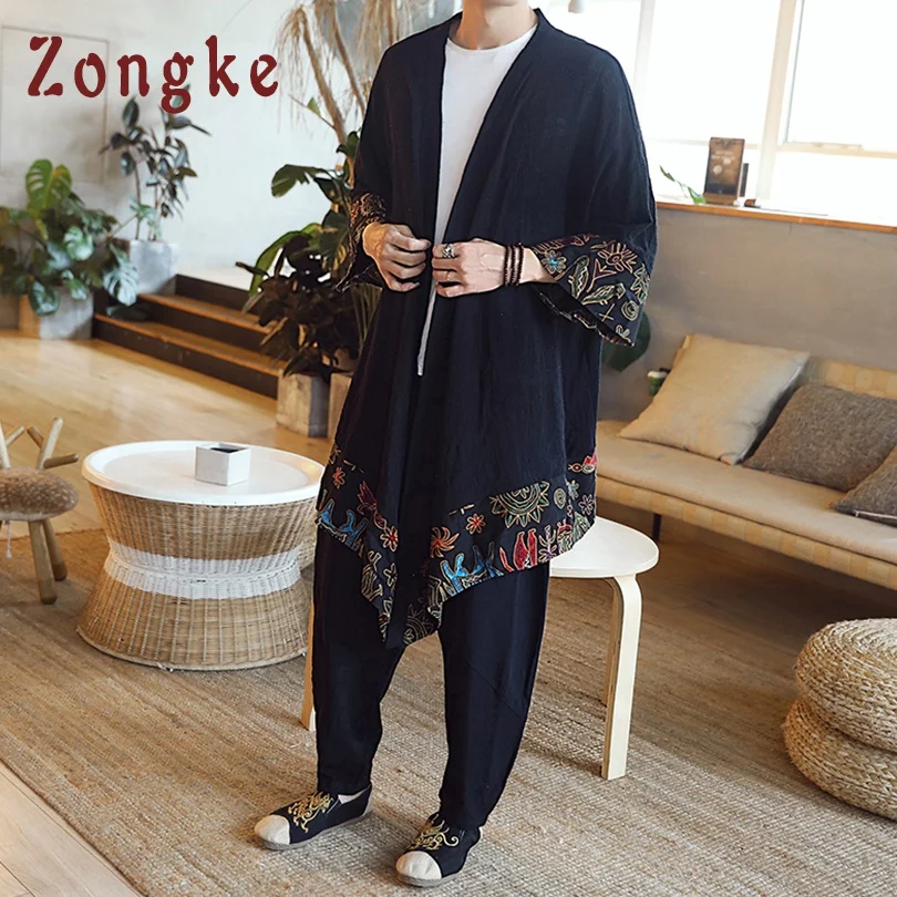 Zongke Kitajski Dolgo Kimono Jopico Plašč Japonski Kimono Moški Suknjič Ulične Mens Kimono Jakna Moški Hip Hop Windbreaker 2021