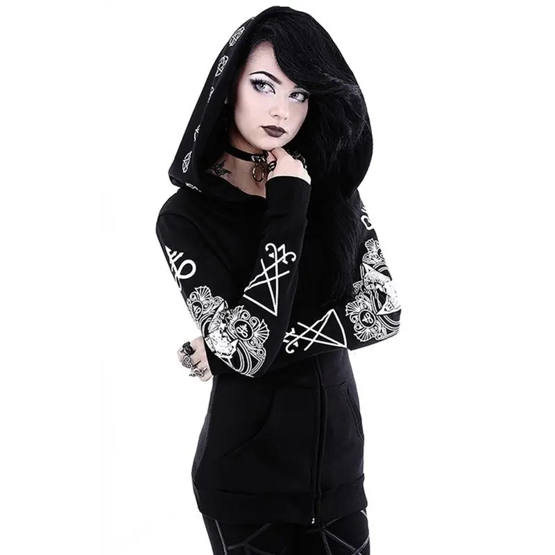 Črn pulover s kapuco Majica Ženske Plus Velikost Vrhovi Punk Gothic Tiskanja Hooded Hipster Ulične Pomlad Velike Velikosti 5XL Goth Dekleta Hoodies