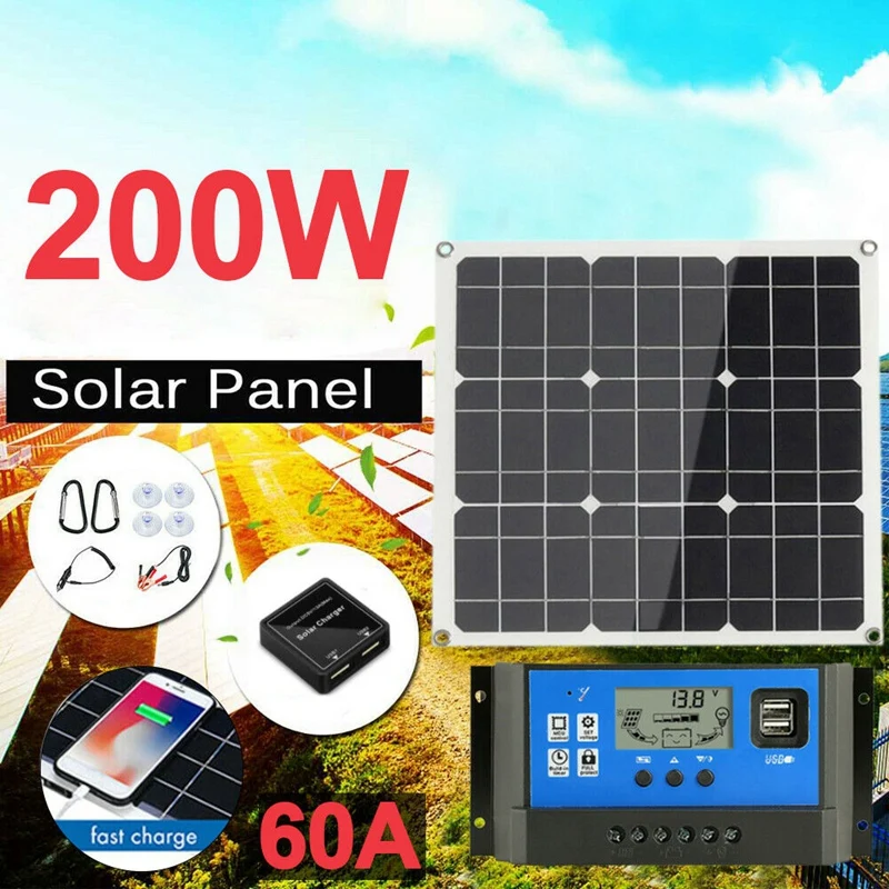 200 Watt 200W Sončne celice, Komplet z LCD Solarni Krmilnik 12V RV Čoln Izven Mreže