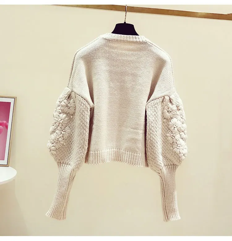 2020 jeseni in pozimi novi korejski leni slog svetilka rokavi pulover pulover tri-dimenzionalni cvet vezenje pletene ženske