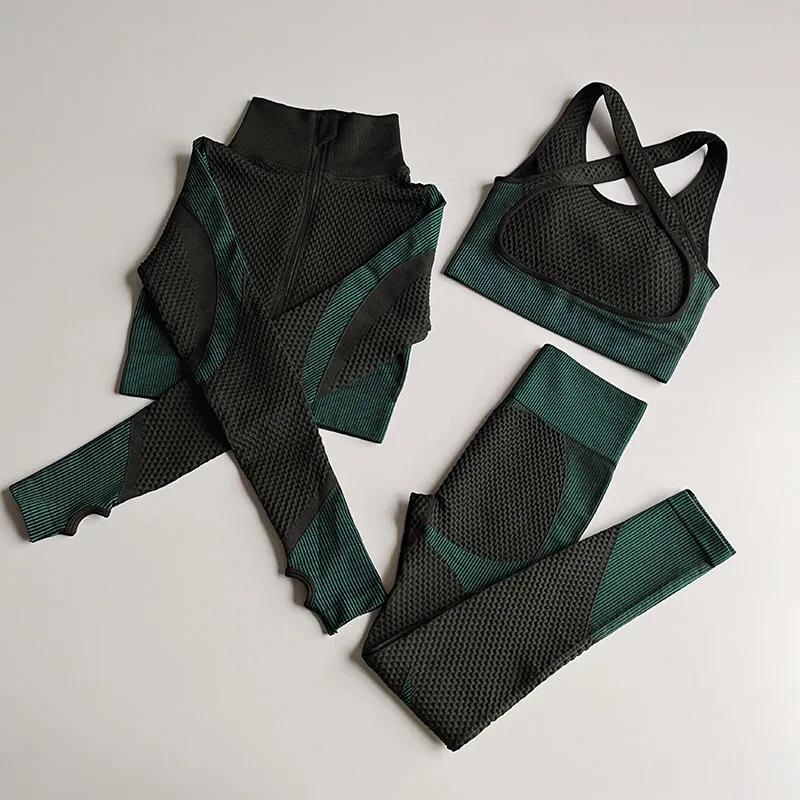 3PCS Ženske, Joga Set z Zadrgo Quick Dry Elastična Šport Fitnes Obleko, ki Teče Uvježbavanje Oblačila Telovadnice Modrc+Majice z dolgimi Rokavi+dokolenke
