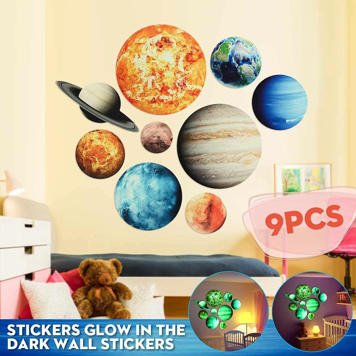 9Pcs/Set PVC Žareti V Temno Solarni Sistem Stenske Nalepke so Odstranljive Ozadje 9#Planetov Nalepko Domov Otroci Soba Dekoracijo Daril
