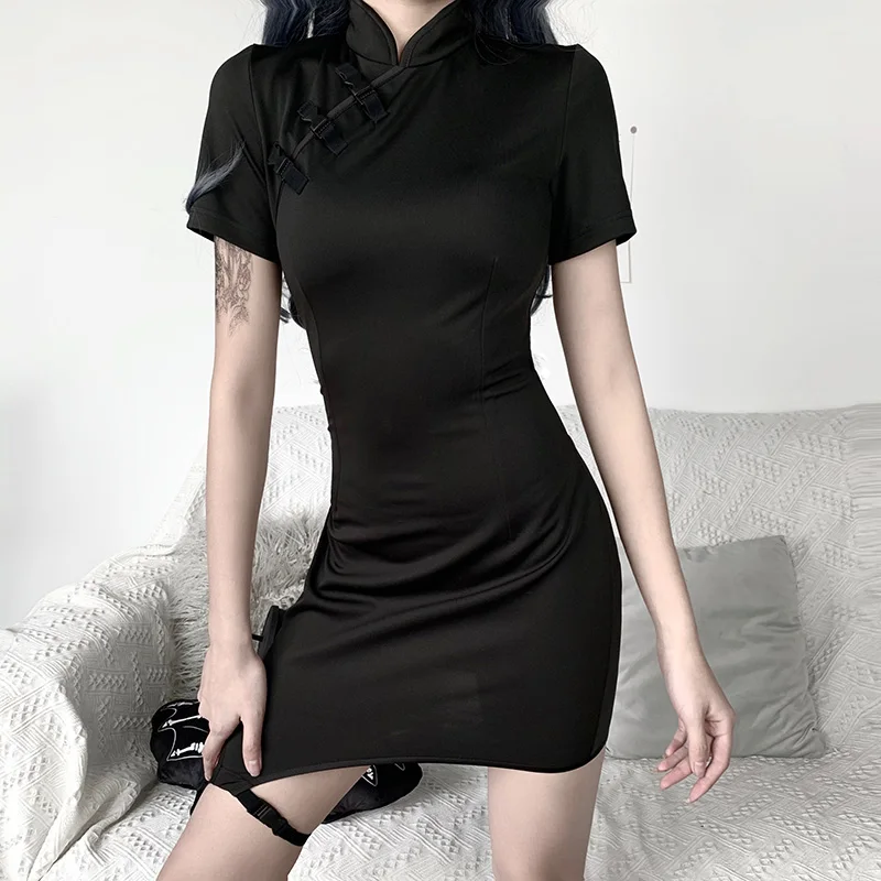 Beyouare Seksi Črno Obleko Kratkimi Rokavi Ženske Krog Robom Kitajski Slog Chongsam Poletje Priložnostne Bodycon Gothic Slim Mini Obleke