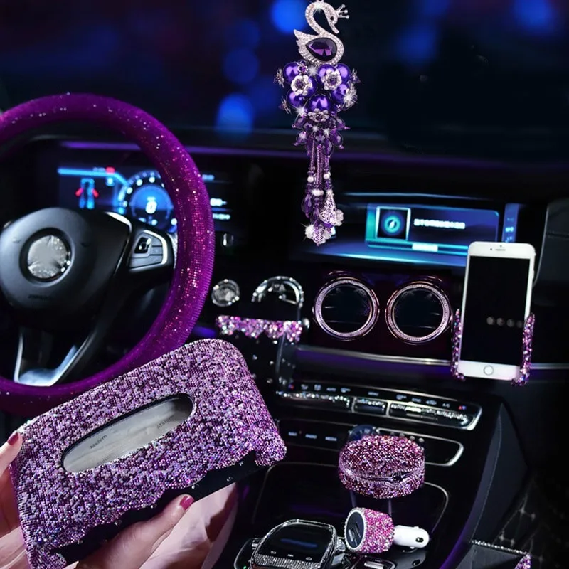 Bling slog, vijolični kristal, vdelan avto notranjo opremo nastavite za dekleta avto pepelnik volan kritje pandent nosilec za telefon