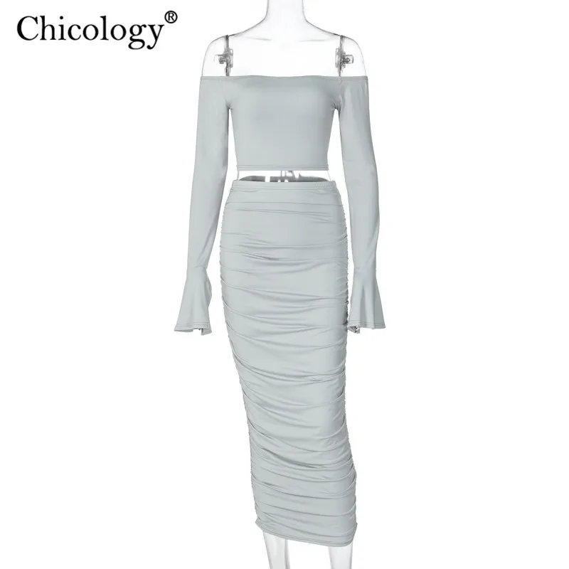 Chicology flare dolg rokav off ramenski backless 2 dva kosa iz obreži zgoraj krilo 2020 pozimi seksi obleke, ženske sodijo obleke