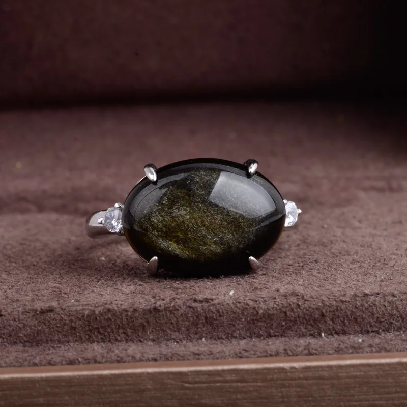 CSJ Pravi Naravni Obsidian Obroči Sterling Srebro 925 Velik Kamen Zlato Oči Obsidian Oval12*14 mm Fine Nakit za Moški in Ženske