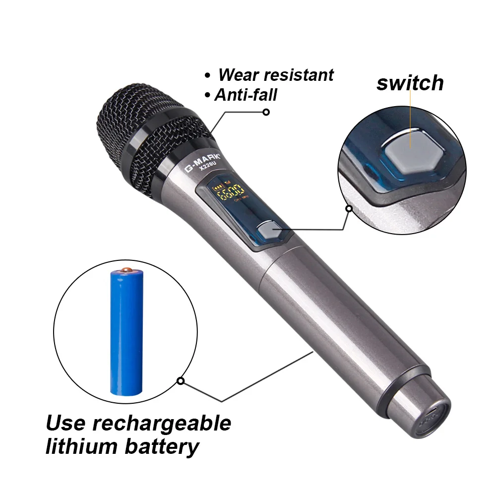 G-ZNAMKE X220U UHF Brezžični Mikrofon za Snemanje Karaoke 2-Kanalni Ročni Litijeva Baterija 50m Prejema Razdalja