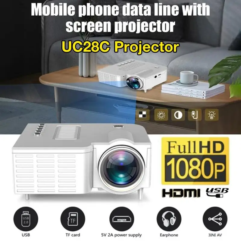 Hitra Dostava UC28C LED ABS USB 16.7 M 1080p HD Video Projektor za Domači Kino Kino Pisarniški LED Projektor Črna/bela