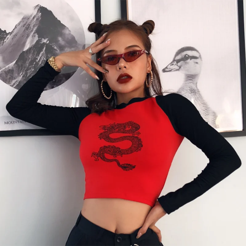 IAMHOTTY Zmaj Tiskanja Kitajski Ženske T-Shirt Kontrast Mozaik Dolg Rokav Obreži Zgoraj Harajuku Jeseni Ulične Nove T-Shirt Femme