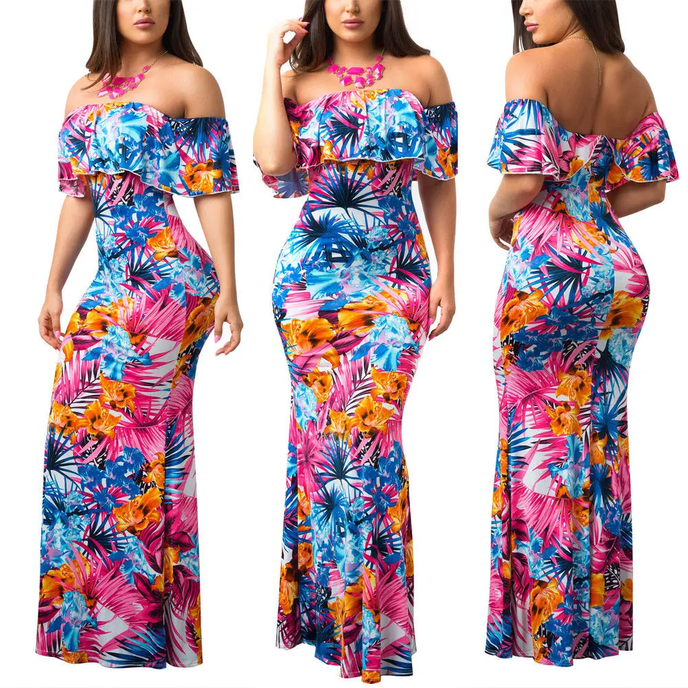 Jackherelook Tropskih Havajski Cvetlični Poletje Ženske Off Rami Obleko Maxi Oversize Oblačila So Večplastna Ruffle Stranka Dolge Obleke