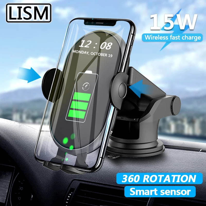 LISM Avto Nosilec za Telefon, Brezžični Polnilnik Za iPhone Huawei Xiaomi 15W Indukcijske Avtomobila Mount Hitro Brezžično Polnjenje Zanič Nosilec za Telefon