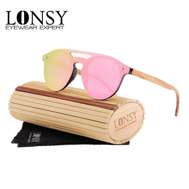 LONSY Retro Les, sončna Očala Moških Bambusa Sunglass Ženske blagovne Znamke Design Sport Očala Roza Ogledalo Polarizirana sončna Očala LS5030