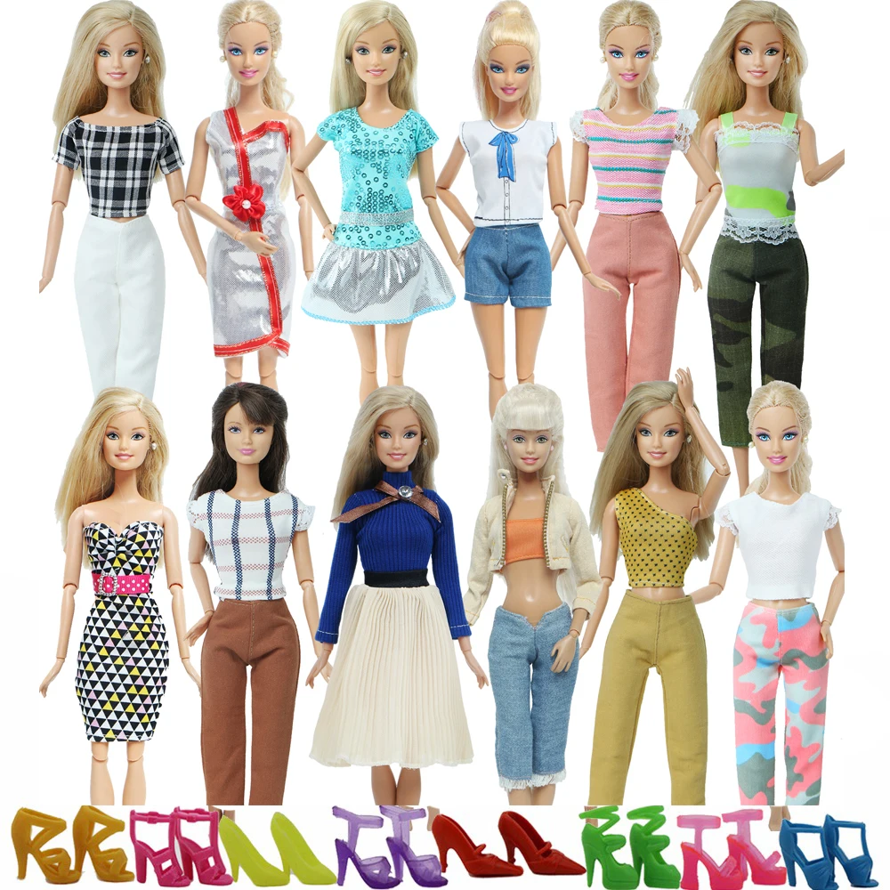 Naključno Izbrali 15 Kos/Lot = 5x Ročno Lady Obleke Mešani Slog Bluzo in Hlače + 10x Čevlji, Oblačila za Barbie Lutka Dodatki, Igrača