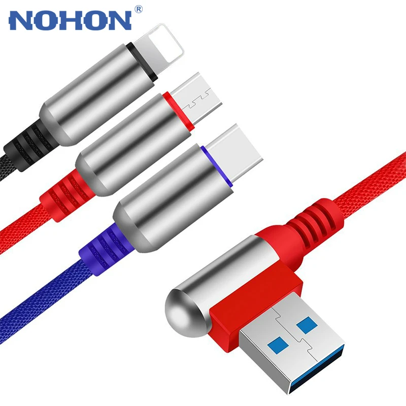 NOHON 3 v 1 Bullet Modeliranje Tipa C Mikro USB Kabel za Huawei 90 Stopinj Komolec Hitro Polnjenje 2.4 8Pin Za iPhone 11 Pro MAX