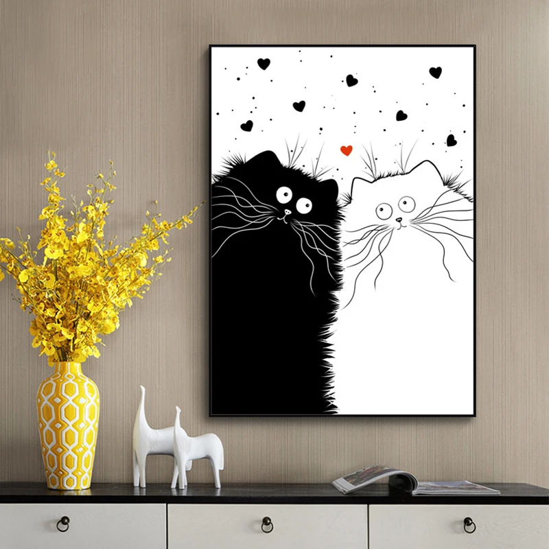 Nordijska Črno Bel Kawaii Mačka Živali Platno Slikarstvo Plakatov in Fotografij Wall Art Modular Slike za Dnevni Sobi Doma Dekor