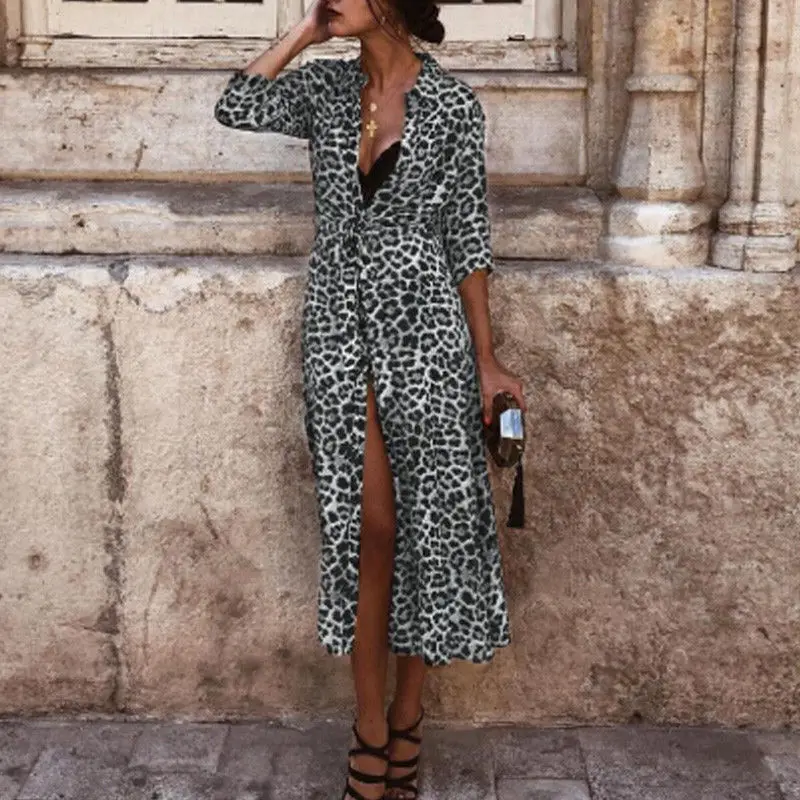 Nova Moda Leopard Dolga Obleka Ženske Boho Dolg Rokav Jopico Dolgo Obleko Maxi Priložnostne Svoboden Stranka Plaža Obleko Sundress Blusas