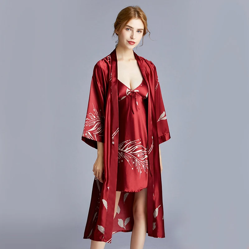 Novo Jutranje halje za ženske Umetno Svilo Kimono kopalni plašč Ženske Saten Družico Obleke Seksi tiskanja kopalni plašč