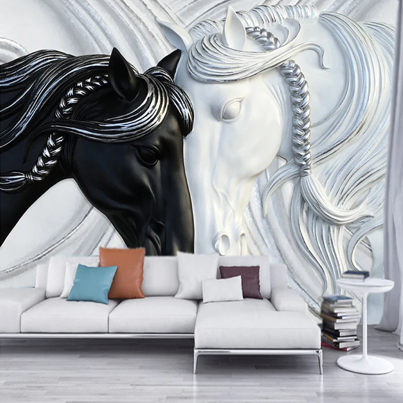 Po meri Foto Tapete Za Stene 3D Art Moda Freske Črna Bela Dvojna Konj Reliefni netkane Ozadje Stenske Obloge