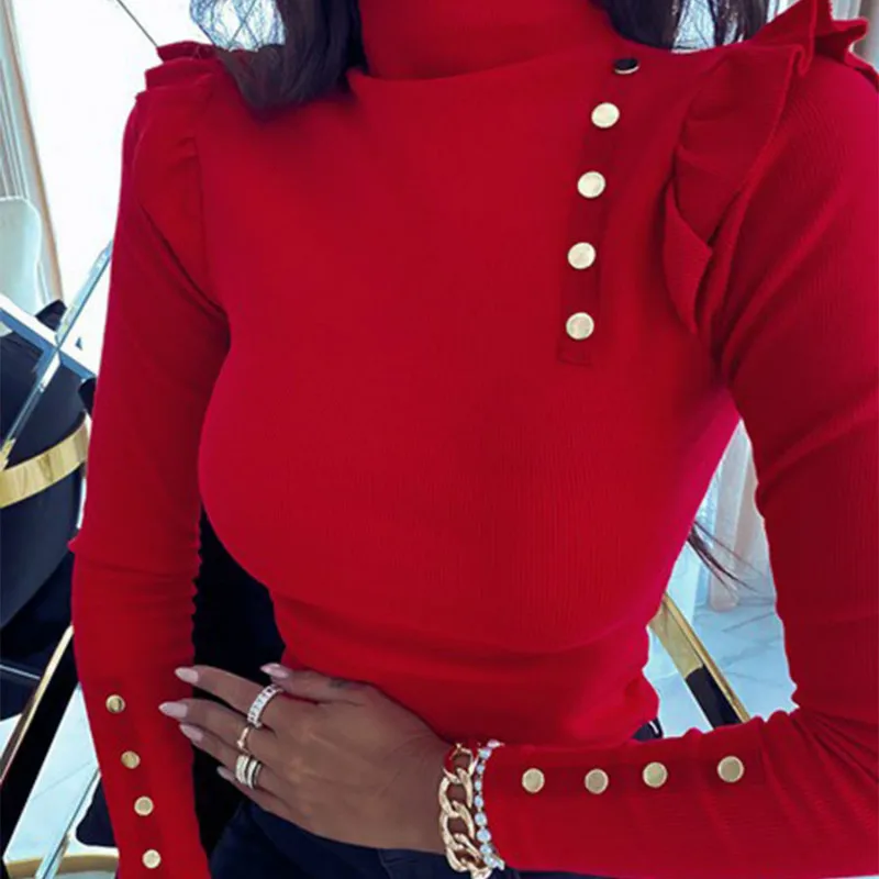 Priložnostne 2020 Ženske Modnih Oblačil Kintted Jeseni Puloverji Gumbi Buffles Turtleneck Bodycon Pulover Belušno Rdeče Obleke G2075