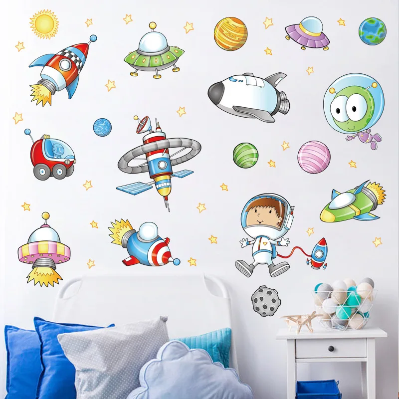 Prostor Astronavt Risanka Stenske Nalepke Otroci Soba, Zunanji Prostor Planet Galaxy Raketo Dekorativne Stenske Freske Za Otrokovo Korist