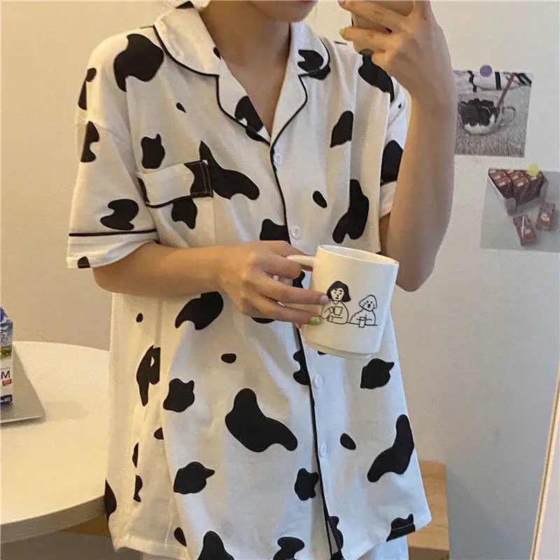 QWEEK Krava Tiskanja Pižamo za Ženske Spavaćica Pijamas Domov Oblačila za Ženske Pyjama Femme 2020 Bombaž Nightgowns Ženske Poletje