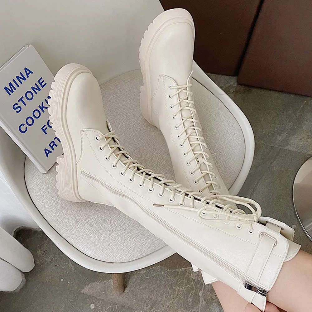 RIBETRINI blagovne Znamke Ženske Platforma čevlji čipke Sredi Tele Čevlje Ženske Sponke Trdna Punk Močen Pete Škornji 2020 Priložnostne Čevlji