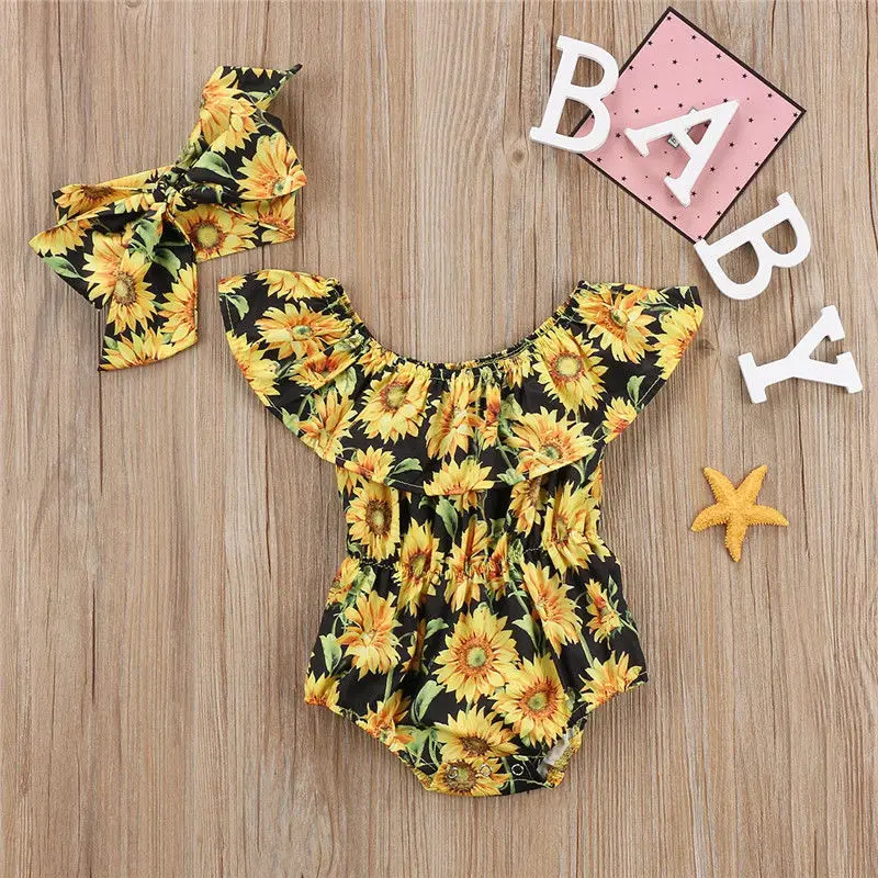 Srčkan Novorojenega Dojenčka, Malčka Baby Dekleta Obleke Cvet Romper Sončnično Jumpsuit Obleke Komplet Oblačil