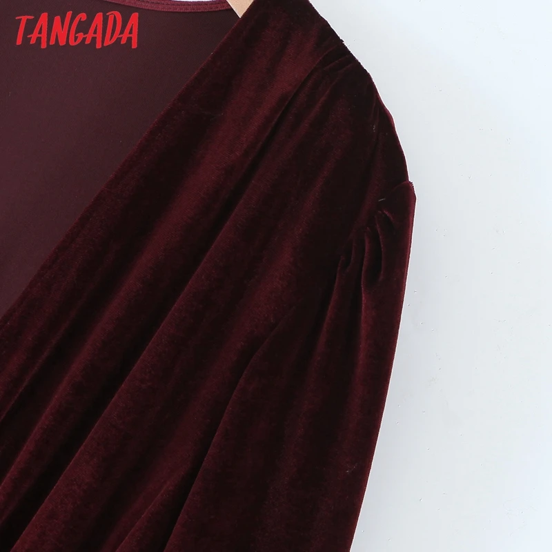 Tangada 2021 Moda za Ženske Globoko V Vratu Seksi Rdeče Žametno Obleko z Dolgimi Rokavi Ženske Midi Obleko RB01