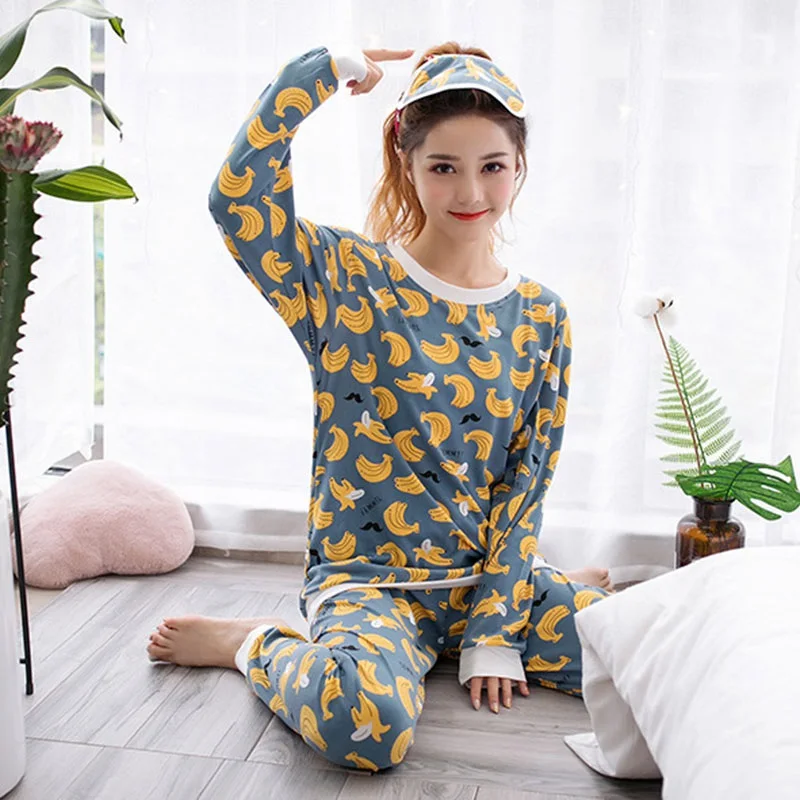 Ženska Pižamo Določa s Blinder Banana Živali Risanka Tiskanja Dekle Sleepwear Dolg Rokav Obleka Ženske Pijamas za Dom Pyjama Femme