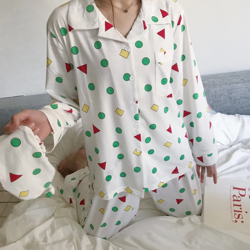 Ženske Jesen Pomlad Pijamas Nov Modni Bombažno Pižamo Nastavite Kawaii Japonski korejski Slog Voščenka Shin chan Pižame Sleepwear