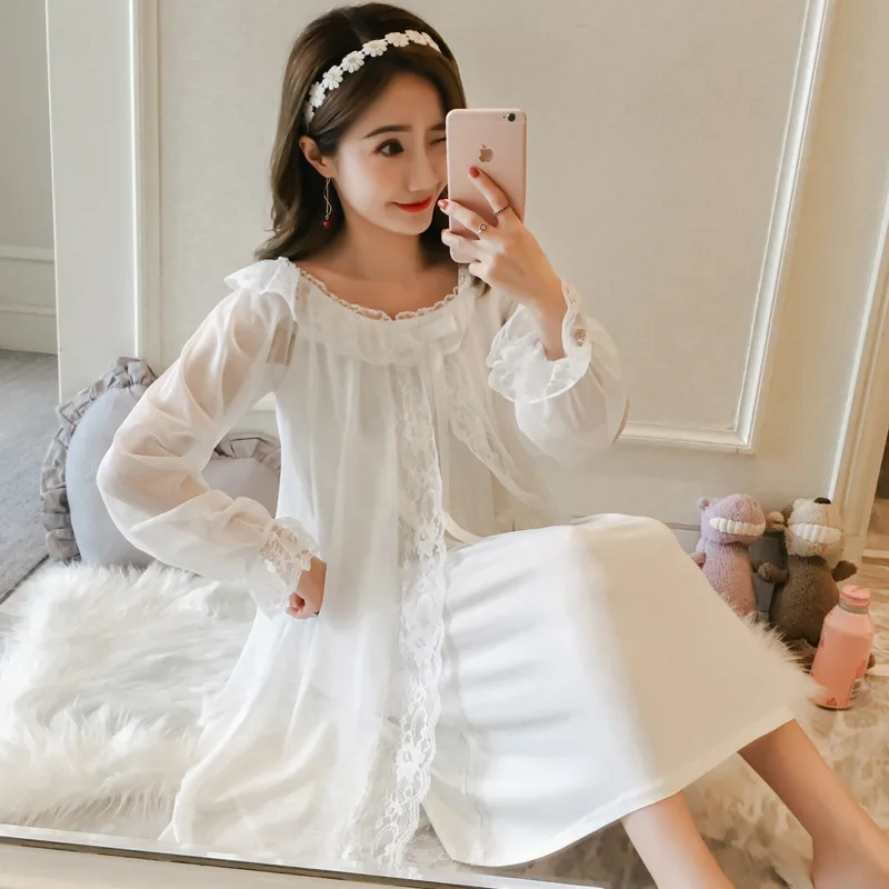 Ženske Pomlad Jesen Kopalni Plašč Bombaž Nightgown Long Sleeve Vintage Palace Čipke Nightgown Poletje Korejski Princess Style Nightdress