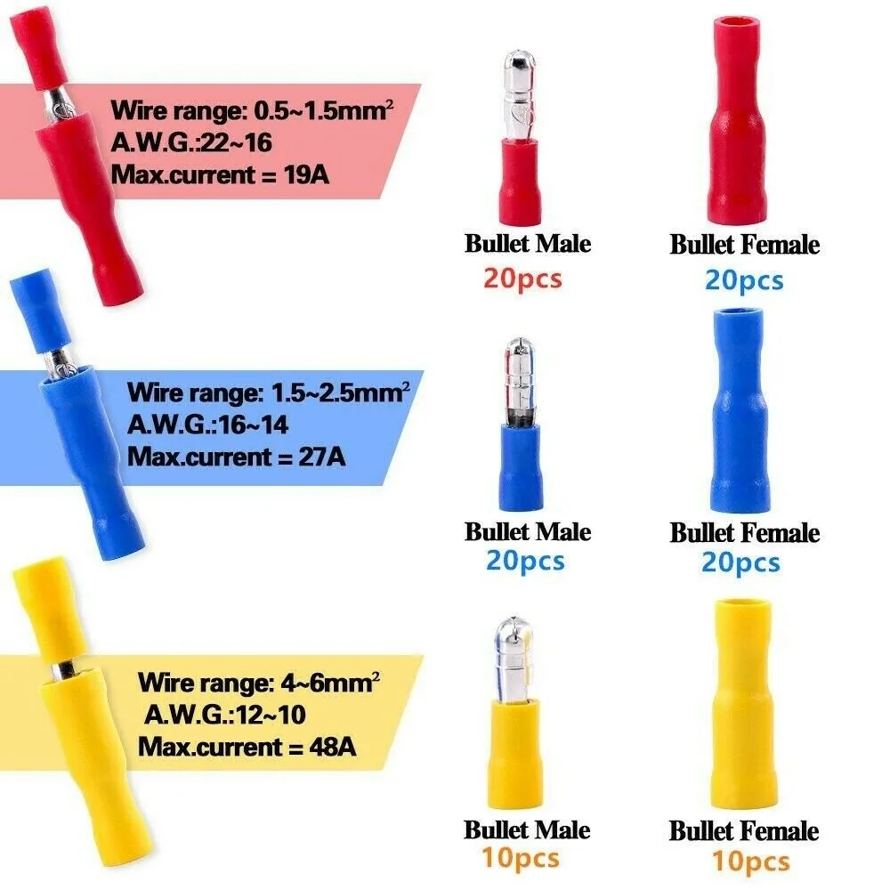 100 KOZARCEV Ženski+Moški Izolirani Električni Priključek Crimp Bullet terminal za 22~10AWG 3 barve