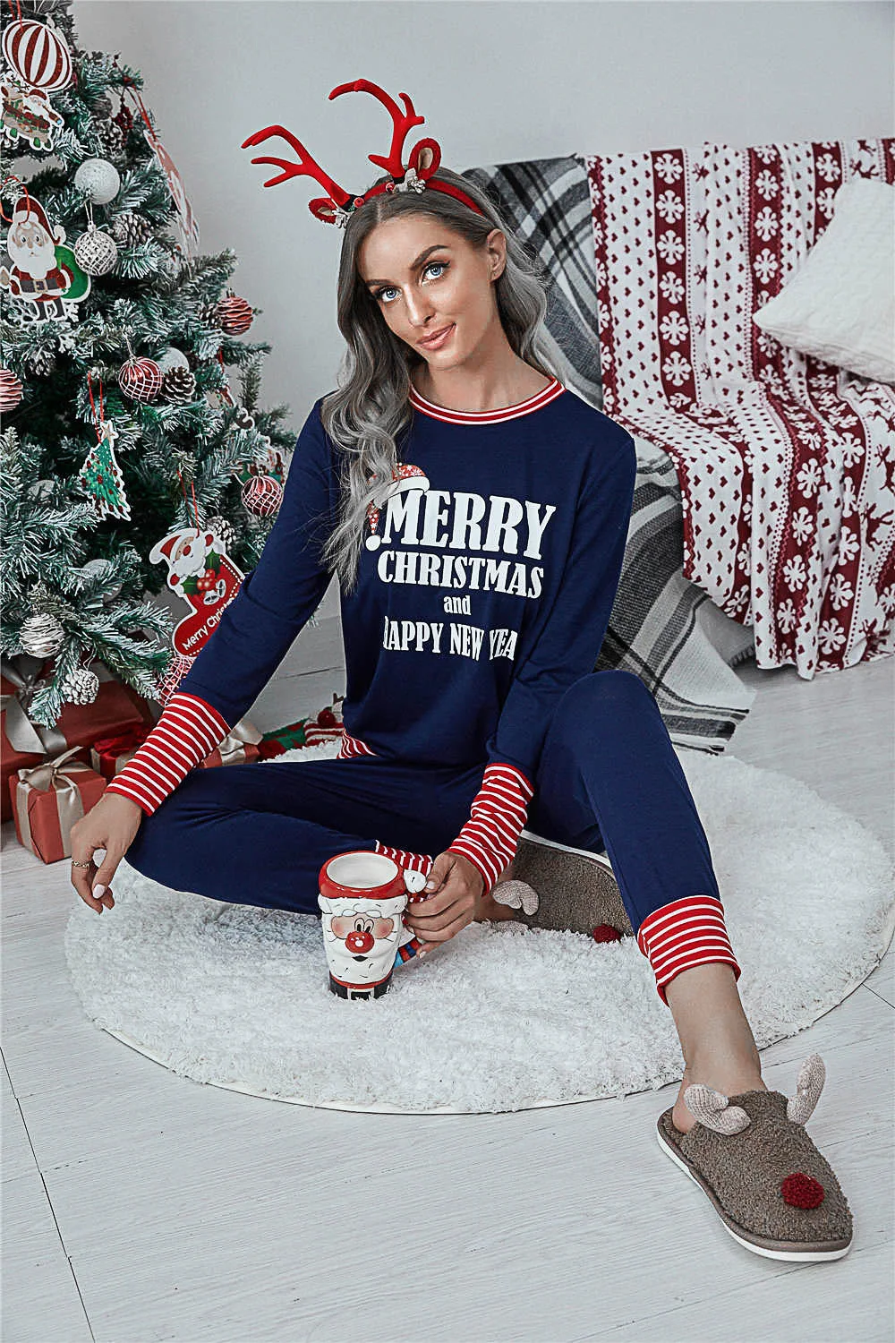 2020 Ženske Loungewear Pižame Nastavite Dolg Rokav Pismo Tiskanja Vrhovi+ Božič Kariran More Hlače Plus Velikost S-5XL
