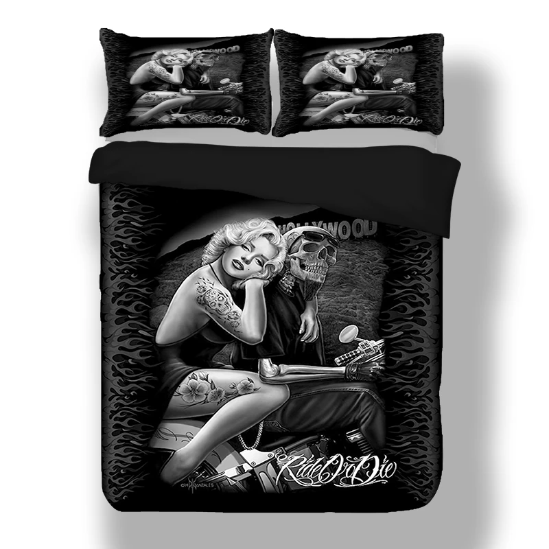 3d Marilyn Monroe lobanja, motorno kolo, Posteljnina nabor Rjuhe Kritje Postelja Twin Set kraljica kralj velikost domačega tekstilnega