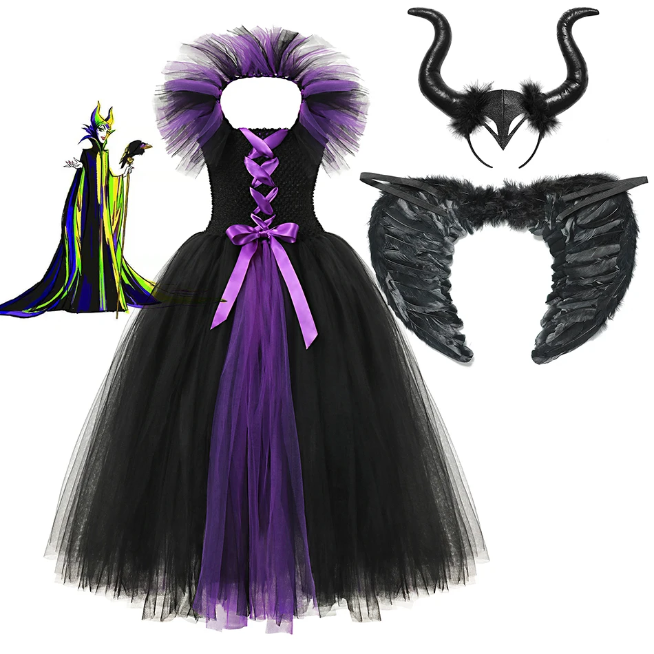 3PCS Maleficent Oblačila Sklop za Dekleta Tutu Obleko Pokrival Krila Potomci Lopov Maleficent Cosplay Kostum, mačehe Frock