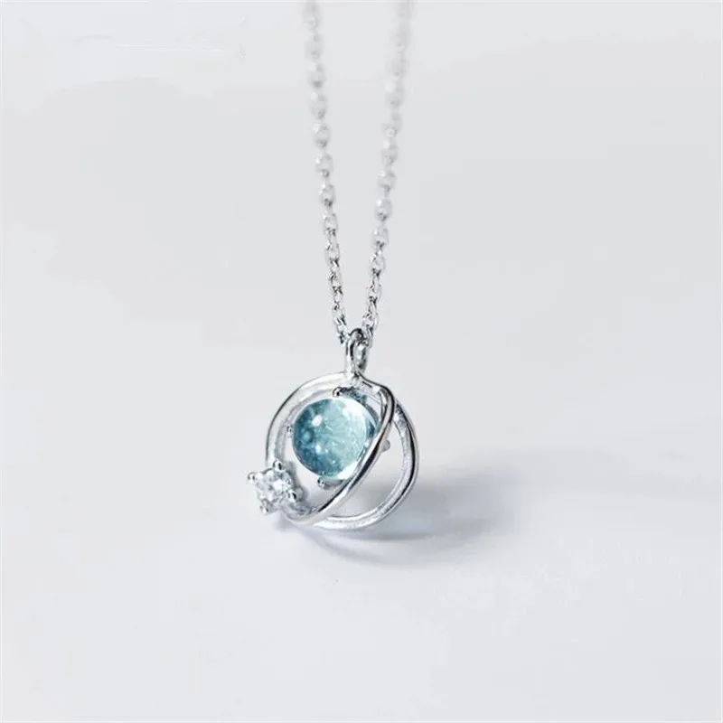 925 Sterling Silver Blue Aurora Planet Ogrlica Za Ženske Grils Temperament Moda Preprost Nakit DZ815