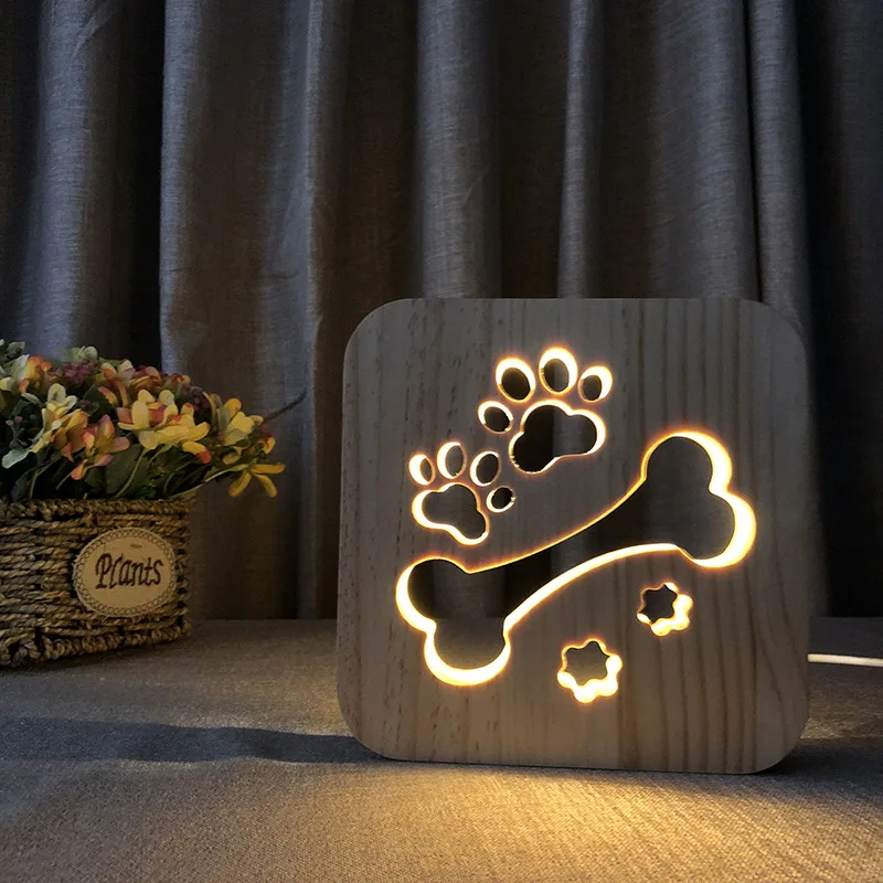 Acecorner LED USB Noč lahke Lesene Pes, Mačka Tačka Volk Glavo Živali Lučka Novost Otrok Spalnica 3D Dekoracijo Tabela Luči Otrok Darilo