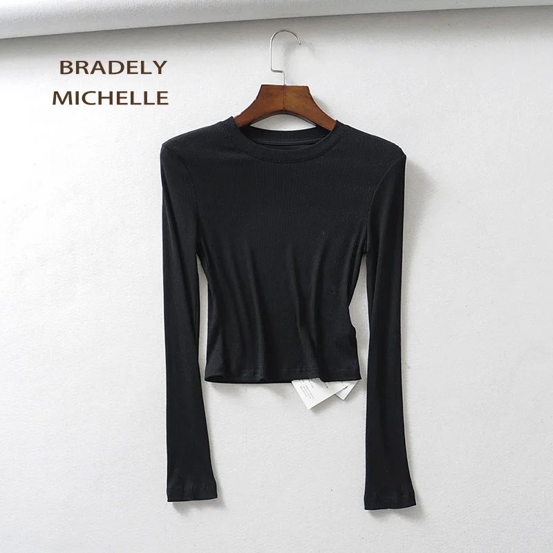 BRADELY MICHELLE 2019 Poletje seksi žensk o-vratu dolgi rokav T-shirt slim elastično bombažne crop tops