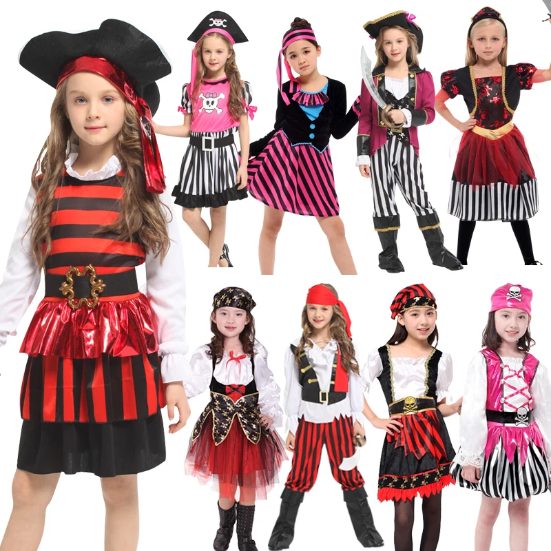 Brezplačna dostava za noč Čarovnic Karibi Pirat Kapitan Jack Sparrow Tricorn Cosplay Kostum za otroke Dekle Stranke skp obleko gor