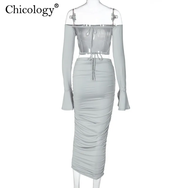 Chicology flare dolg rokav off ramenski backless 2 dva kosa iz obreži zgoraj krilo 2020 pozimi seksi obleke, ženske sodijo obleke